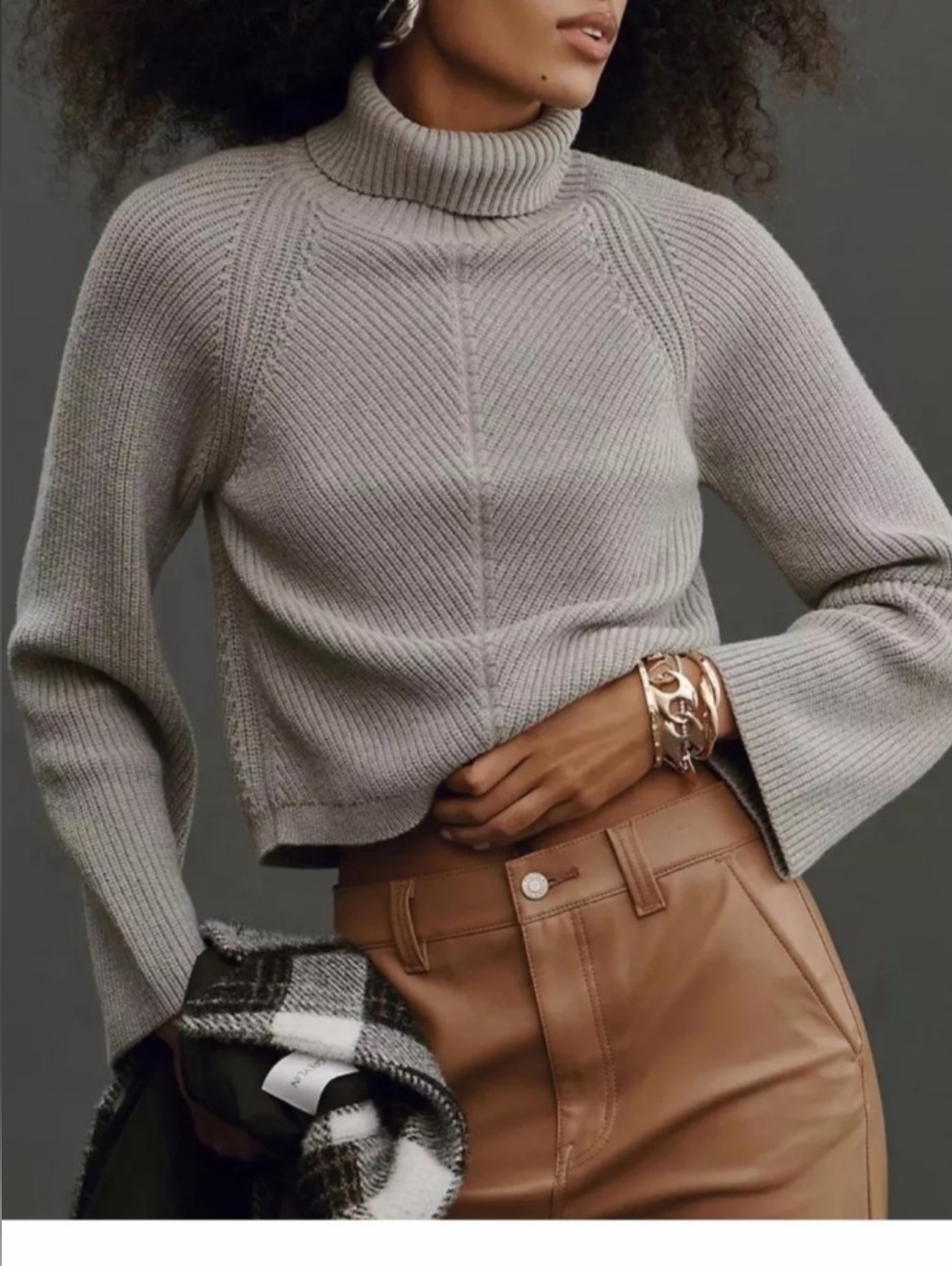 Maeve Anthropologie Sweater Cropped Light Gray Ribbed Turtleneck